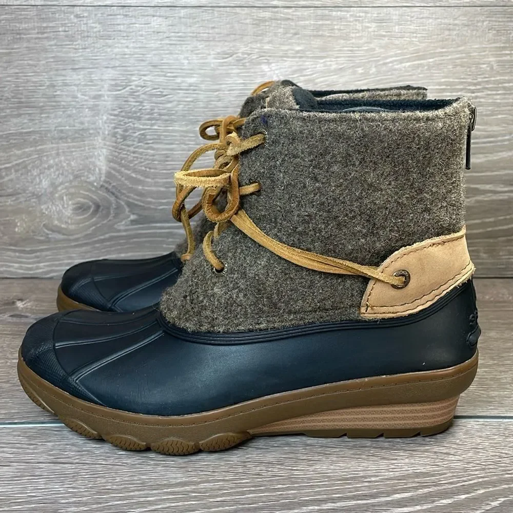 Sperry Top Sider Saltwater Tide Women’s Sz 5M Tan Black Zip Warm Wool Duck Boots